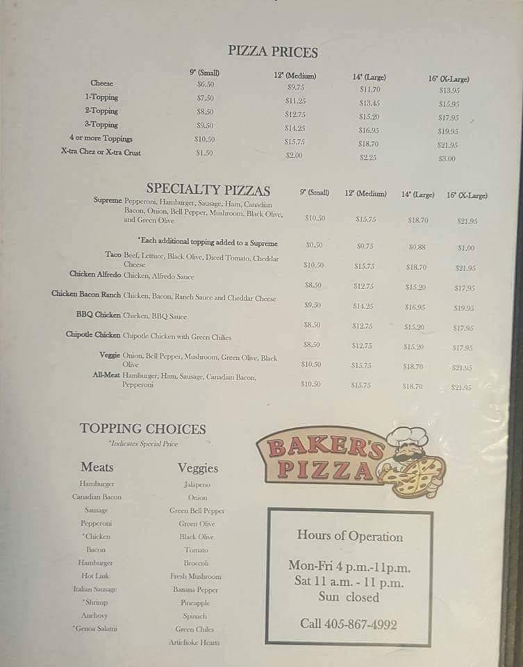 Baker's Pizza Menu image 3
